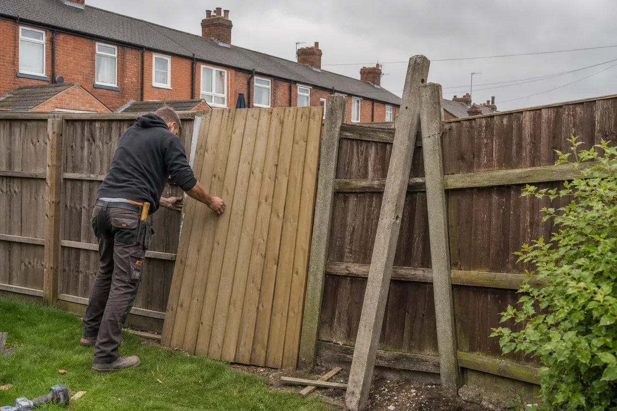 Damaged garden fence being repaired in Doncaster